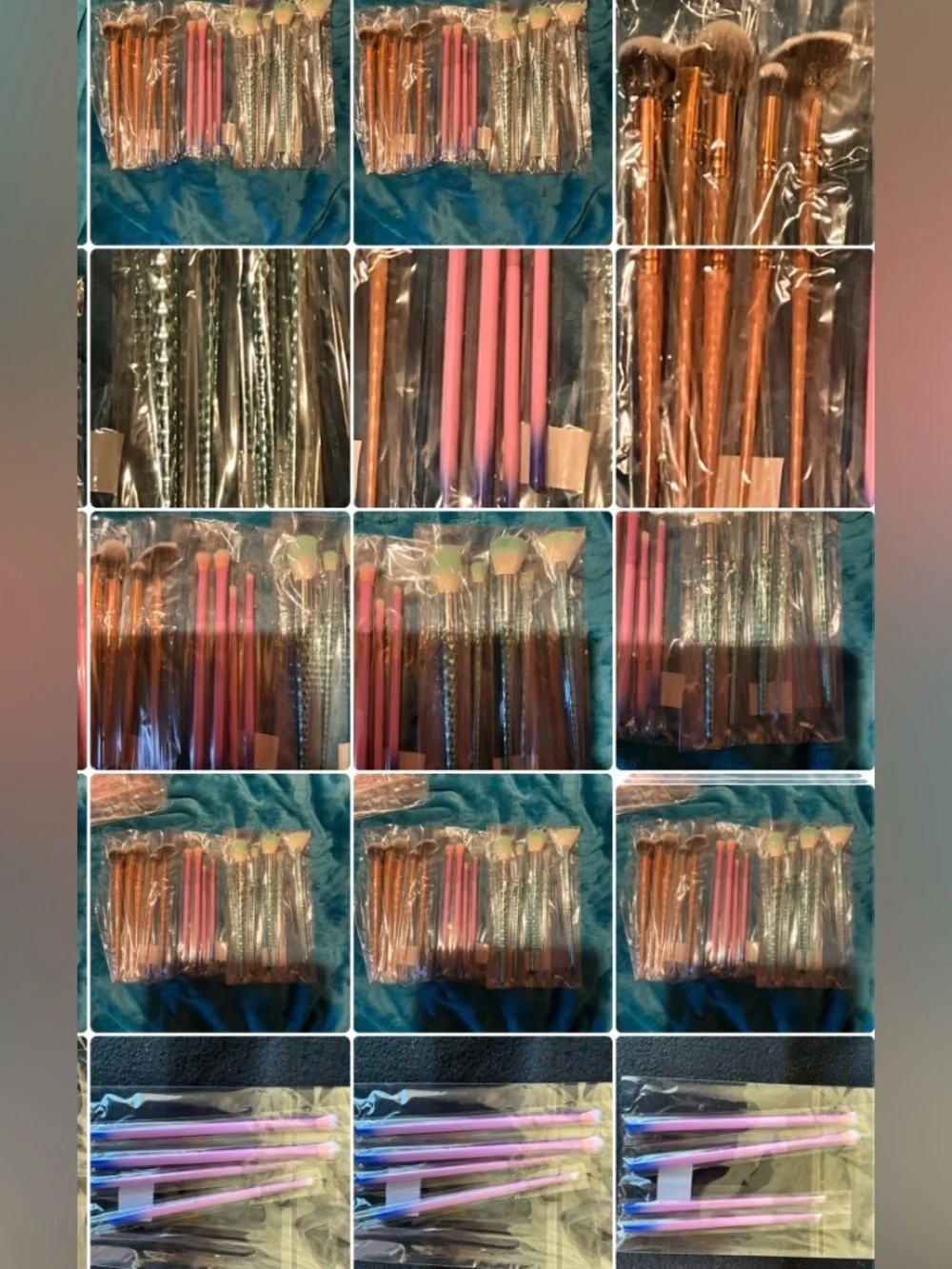 15 Assorted Makeup Brush Sets RoseGold, Pink & Teal Handles w/vinyl snap case NW